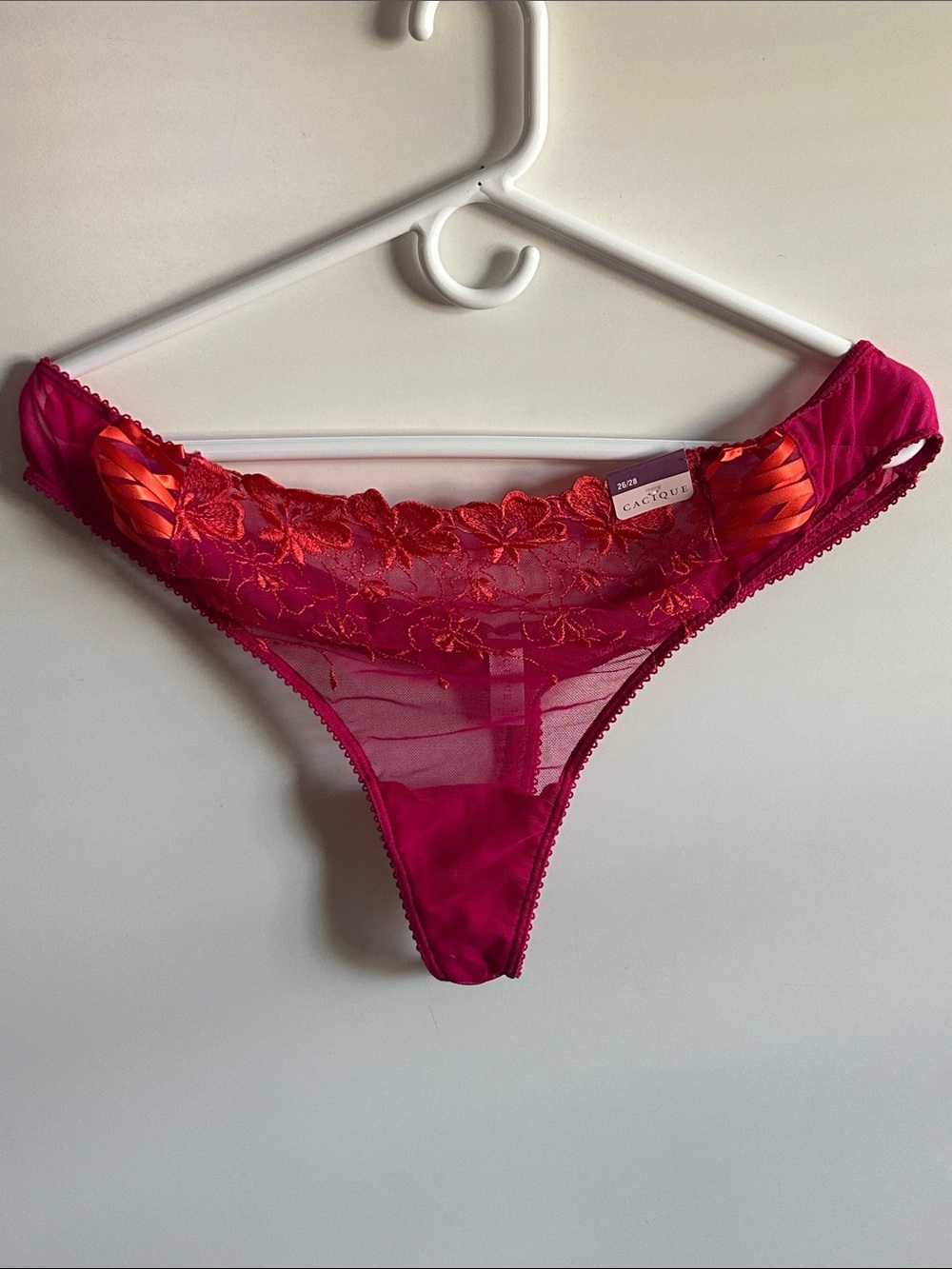 Cacique Fuchsia Pink Sheer Lace Thong Size 26/28